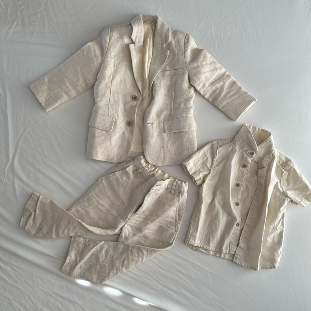 Children's Cream Linen Blend 3-Piece Outfit - Blazer, Pants & Shirt